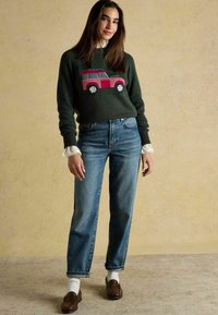 Roheline sviiter roosa auto kujundusega, heledad sinised teksad, pruunid loafers'id ja valged sokid. Tekstuuritud kudum ja triibulised varrukaotsad.