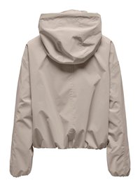 Veste légère beige à capuche avec manches longues, poignets élastiqués et ourlet élastique, vue de dos sur fond blanc.