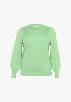 Mintgrøn pullover med lange, let puffede ærmer, ribbet halsudskærring og knapdetaljer ved manchetterne. Blødt, strikket stof.