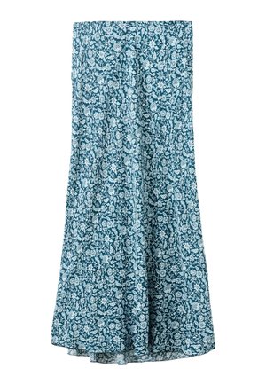 Gonna midi blu con motivo floreale bianco, leggermente svasata e tessuto morbido.