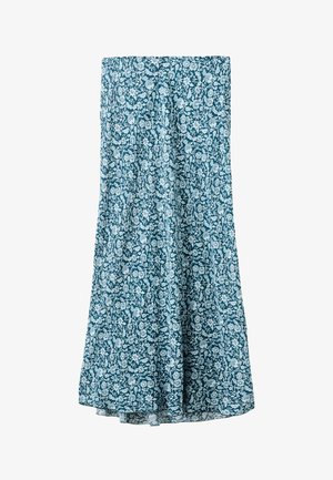 Falda midi azul con estampado floral blanco, ligera amplitud y textura de tela suave.