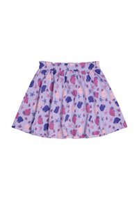 Jupe violette avec ceinture élastique présentant des motifs répétés de coquillages roses et bleus ainsi que de flocons de neige. Design évasé, tissu léger.