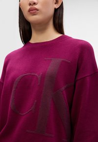 Magenta džemperis ar ribotu apaļo kakla izgriezumu un brīvu piegriezumu, ieguvis lielu tumšāku CK logo priekšpusē. Mīksta adīta tekstūra.