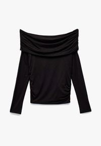 Maglietta nera a maniche lunghe con design off-the-shoulder, colletto raccolto e arricciature laterali per una silhouette aderente. Tessuto dalla texture liscia.