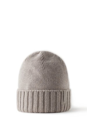 Grau gestrickte Mütze mit geripptem Saum, aus weichem Material hergestellt. Verfügt über ein kleines Stoffetikett an der Seite.