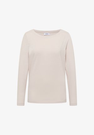 Top lungo a maniche lunghe color beige chiaro con scollatura rotonda. Realizzato in tessuto morbido, presenta una superficie liscia e cuciture minime per garantire comfort.