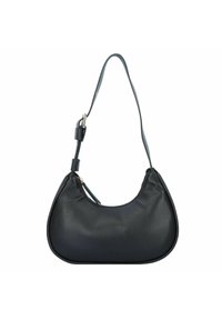 Borsa a spalla in similpelle nera con forma curva, tracolla regolabile, dettagli in metallo argentato e chiusura con zip. Texture liscia in tutto il prodotto.