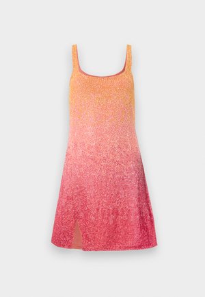 Sleeveless, knee-length dress with orange to pink gradient and subtle speckled pattern, featuring a small front slit.