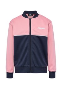 Chaqueta con cremallera de HUMMEL, con paneles superiores en rosa y inferiores en azul marino, que presenta una franja blanca y un logotipo, fabricada con tejido suave y ligero.