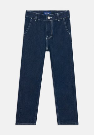 Mørkeblå straight-leg denim jeans med forlommer, bæltestropper, hvide syninger og knaplukning ved taljen.