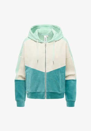 Kurtka sztruksowa z kapturem i zamkiem błyskawicznym, z blokami kolorów w odcieniach jasnego turkusu, kremowym i turkusowym, z kieszeniami z przodu i kapturkiem ze sznurkiem.