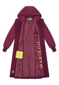 Manteau long bordeaux avec capuche, doté d'une doublure intérieure lisse, de poignets côtelés et d'accents de logo. Comprend une étiquette d'instructions d'entretien.