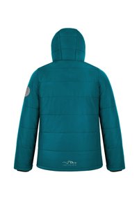 Türkisfarbene, isolierte Jacke mit Kapuze, mit gestepptem Paneeldesign, elastischen Bündchen und einem Logo-Patch auf der linken Schulter.