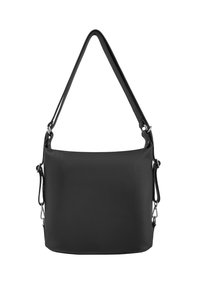 Bolso de cuero negro con superficie texturizada, forma rectangular y correa ajustable. Cuenta con herrajes de metal para sujetar la correa.