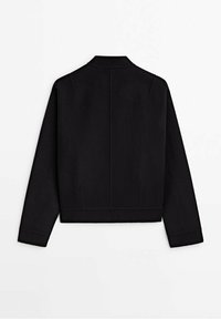 Black cropped jacket made of smooth fabric, featuring a high neck, long sleeves, and discreet seam detailing on the back. No pockets visible.