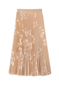 Jupe plissée beige avec un imprimé floral blanc. Texture douce avec une taille ajustée, conçue pour une silhouette fluide.
