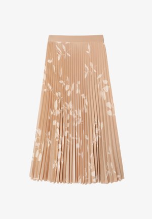 Falda plisada beige con un estampado floral en blanco. Textura suave con una cinturilla ajustada, diseñada para una silueta fluida.