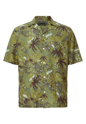 Short-sleeve, button-up shirt in olive green with a palm tree pattern. Features white accents with text labels for various Caribbean locations.