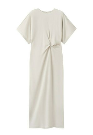 Svetlobéžové midi šaty s krátkymi rukávmi a detailom prepleteného uzla v páse, s okrúhlym výstrihom a rovným strihom.