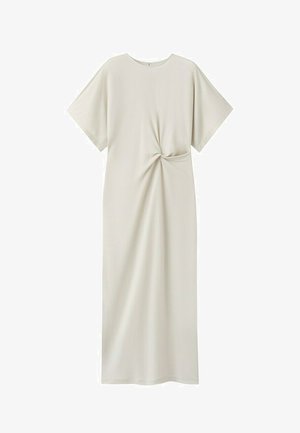 Lichtbeige midi-jurk met korte mouwen en een gedraaide knoopdetail in de taille, met een ronde halslijn en een rechte silhouet.