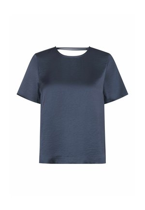 Tamsiai mėlyna satino trumpomis rankovėmis palaidinė su apvalia iškirpte ir plona petnešėle nugaroje.