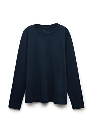 Langärmliges navy T-Shirt aus weicher Baumwolle, mit Rundhalsausschnitt und geradem Saum, ohne Muster oder Akzente.