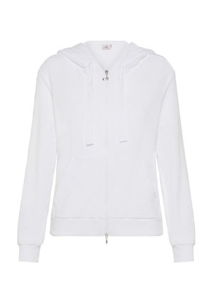 Weiße Zip-Hoodie mit weichem Textil, Fronttaschen und Kordelzugkapuze. Merkmale einen silbernen Reißverschluss und schlichtes Design.