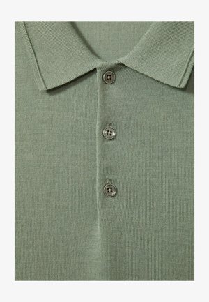 Šviesiai žalia polo marškinėliai su trumpomis rankovėmis, raukšlėta apykakle ir trimis metaliniais mygtukais kaklo srityje. Lygus paviršius ir megzto audinio struktūra.