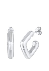 Zilveren oorringen met een gladde, glanzende afwerking. Voorzien van een geometrisch ontwerp met afgeronde randen en een veilige sluiting met een pen aan de achterkant.