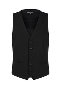 Gilet nero su misura con scollatura a V, sei bottoni, due tasche laterali e una texture liscia, realizzato in un tessuto leggero.