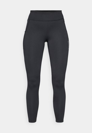 Black athletic leggings with a high waistband, smooth texture, and side pockets. Features visible stitching and a brand logo on the leg.