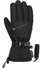 Sorte softshell handsker med en lynlåslomme, justerbar manchetrem og tekstureret håndflade. Forstærkede sømme og vandtæt label til stede.