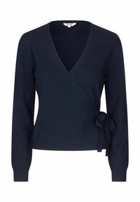 Tumši zils adīts ilgas piedurknes jaciņa ar V veida izgriezumu un sānu saišu detaļām, izgatavots no mīksta trikotāžas auduma.