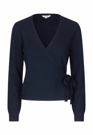 Marineblauwe wikkeltrui met lange mouwen, V-hals en zijdelingse strikdetail, gemaakt van zachte gebreide stof.