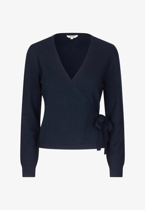 Pulover bleumarin cu mâneci lungi, în stil petrecut, cu decolteu în V și detaliu cu legătură laterală, realizat dintr-un material tricotat moale.