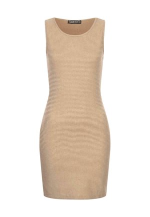 Beige sleeveless bodycon dress with a ribbed texture, round neckline, and a fitted silhouette, suitable for casual or formal wear.