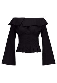 Czarna bluzka z długim rękawem odsłaniająca ramiona, z szerokim, złożonym kołnierzem i dopasowaną, plisowaną talią.