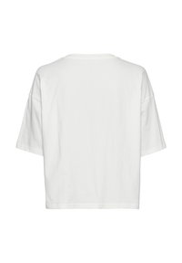 Weißes Baumwoll-T-Shirt, lockere Passform, kurze Ärmel, runder Ausschnitt, glatte Textur, keine sichtbaren Logos oder Muster auf der Rückseite.