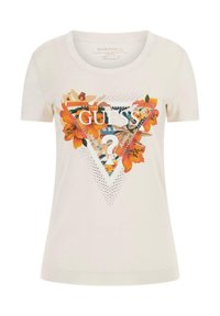 T-shirt en coton couleur crème avec un col rond, présentant un graphisme floral triangulaire et des accents de strass.