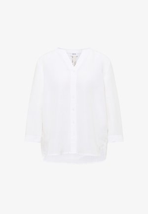 Witte blouse met lange mouwen, V-hals, knoopsluiting aan de voorkant en licht afgeronde zoom, afgebeeld op een witte achtergrond.