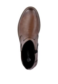 Brown leather ankle boot with a smooth finish, zip detail on the side, and a rounded toe. The sole features contrasting stitching.