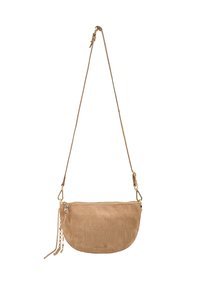 Borsa a tracolla in pelle beige con motivo a coccodrillo testurizzato, chiusura con zip e tracolla a catena staccabile.