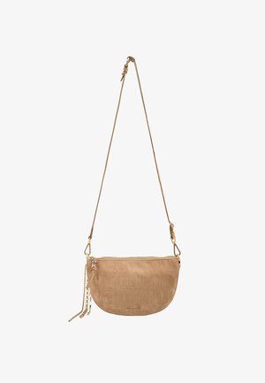 Beige Leder-Umhängetasche mit strukturiertem Krokodilmuster, Reißverschluss und abnehmbarem Kettenriemen.