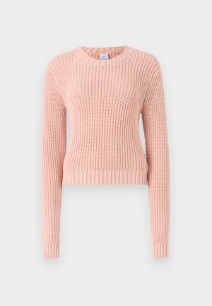 Pink cropped sweater with a textured knit pattern, round neckline, and ribbed cuffs and hem. Suitable for casual wear.