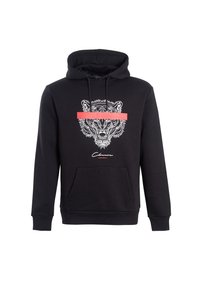Sudadera negra con capucha que presenta un gráfico frontal de la cabeza de un tigre con una franja horizontal roja atravesando los ojos. Incluye un bolsillo estilo canguro.