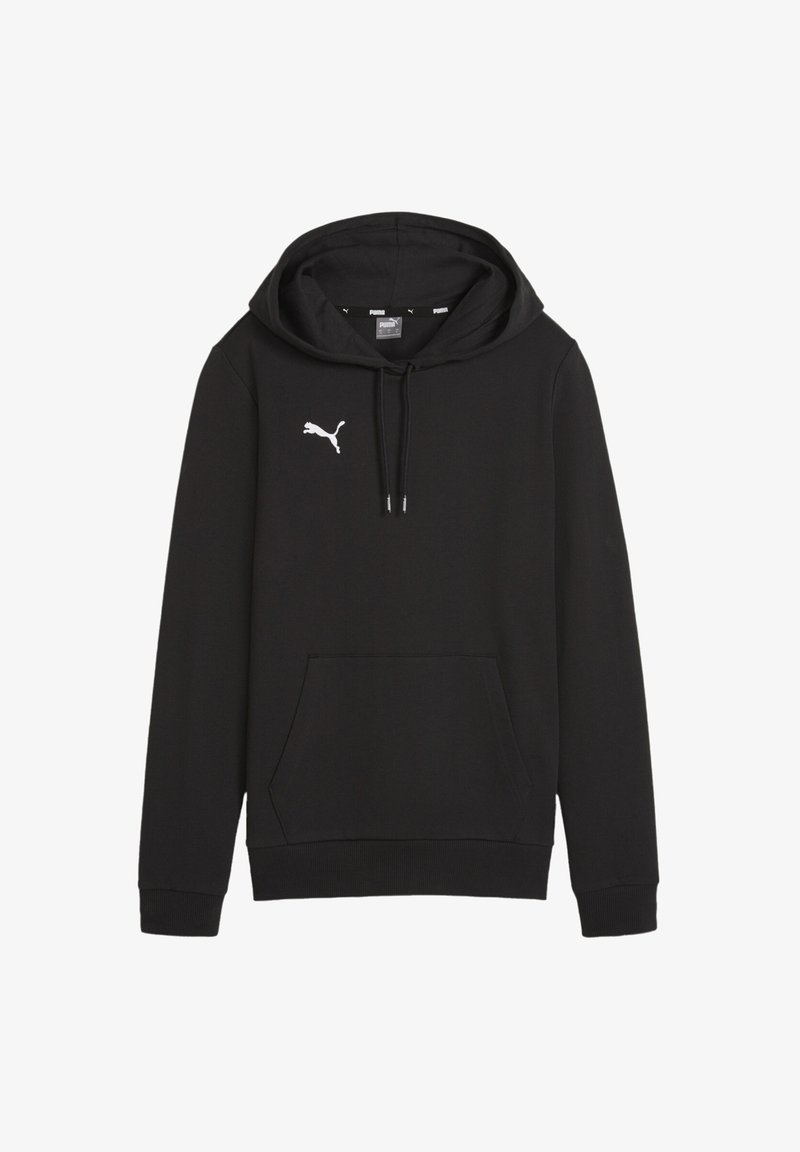 Sweatshirt noir avec capuche, fabriqué en tissu doux. Dispose d'une poche kangourou et du logo Puma blanc sur la poitrine. Manches et ourlet côtelés.