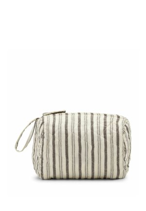 Pochette en tissu souple avec des rayures verticales grises et blanches et une poignée latérale, rectangulaire avec fermeture éclair sur le dessus.