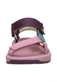 Sandalias infantiles de múltiples colores con una base rosa, correas moradas y azul verdoso, y cierres de velcro ajustables para un ajuste seguro.
