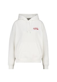 White cotton hoodie with a spacious kangaroo pocket, drawstring hood, and red embroidered text and graphic on the chest.