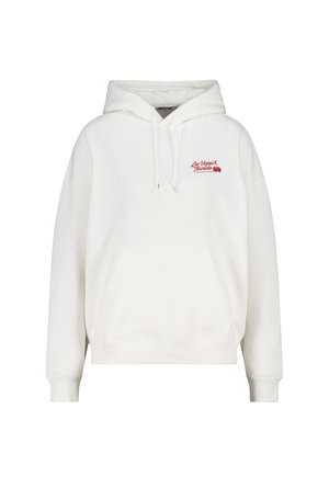 Felpa bianca in cotone con ampio tascone a marsupio, cappuccio con cordino e testo e grafica ricamati in rosso sul petto.